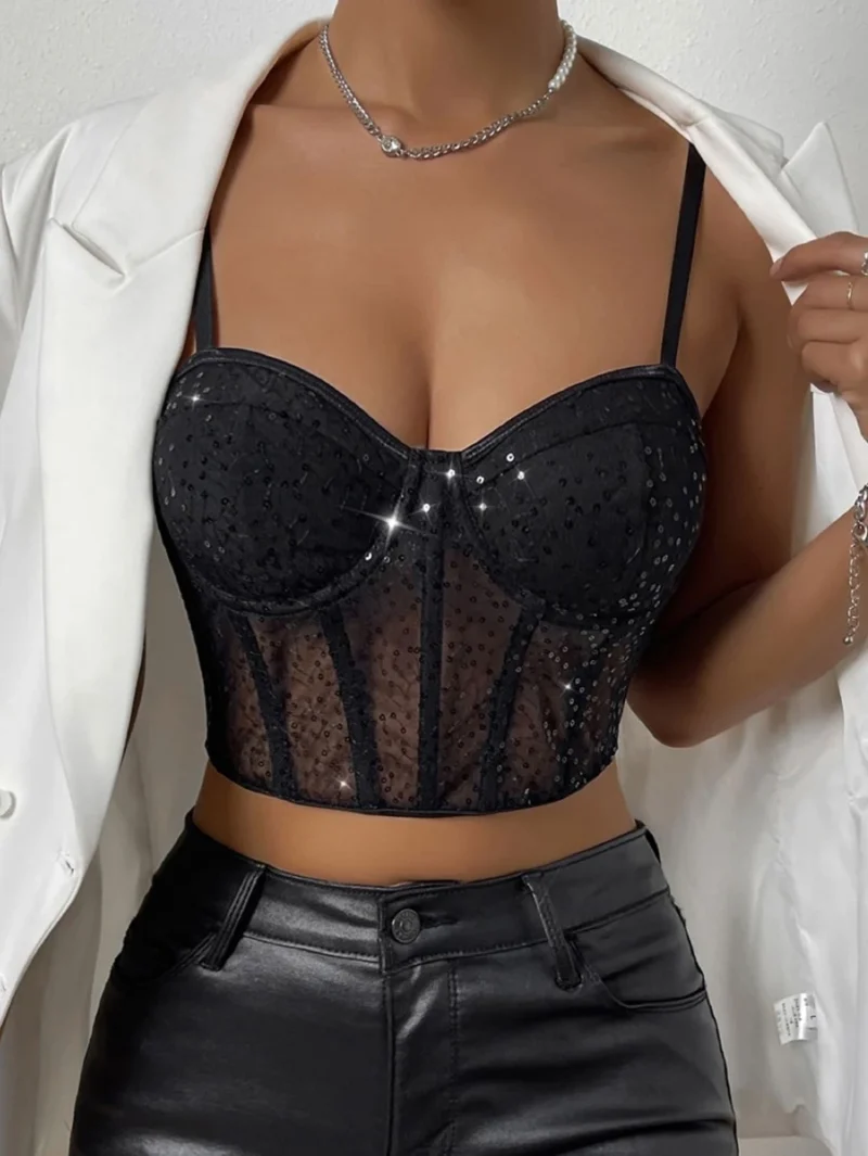 Black Sequin Sleeveless Top with Zipper