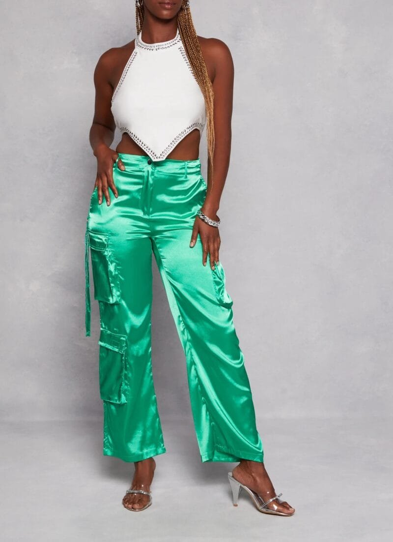 Love 83 Satin Cargo Pants with Straps and Pockets