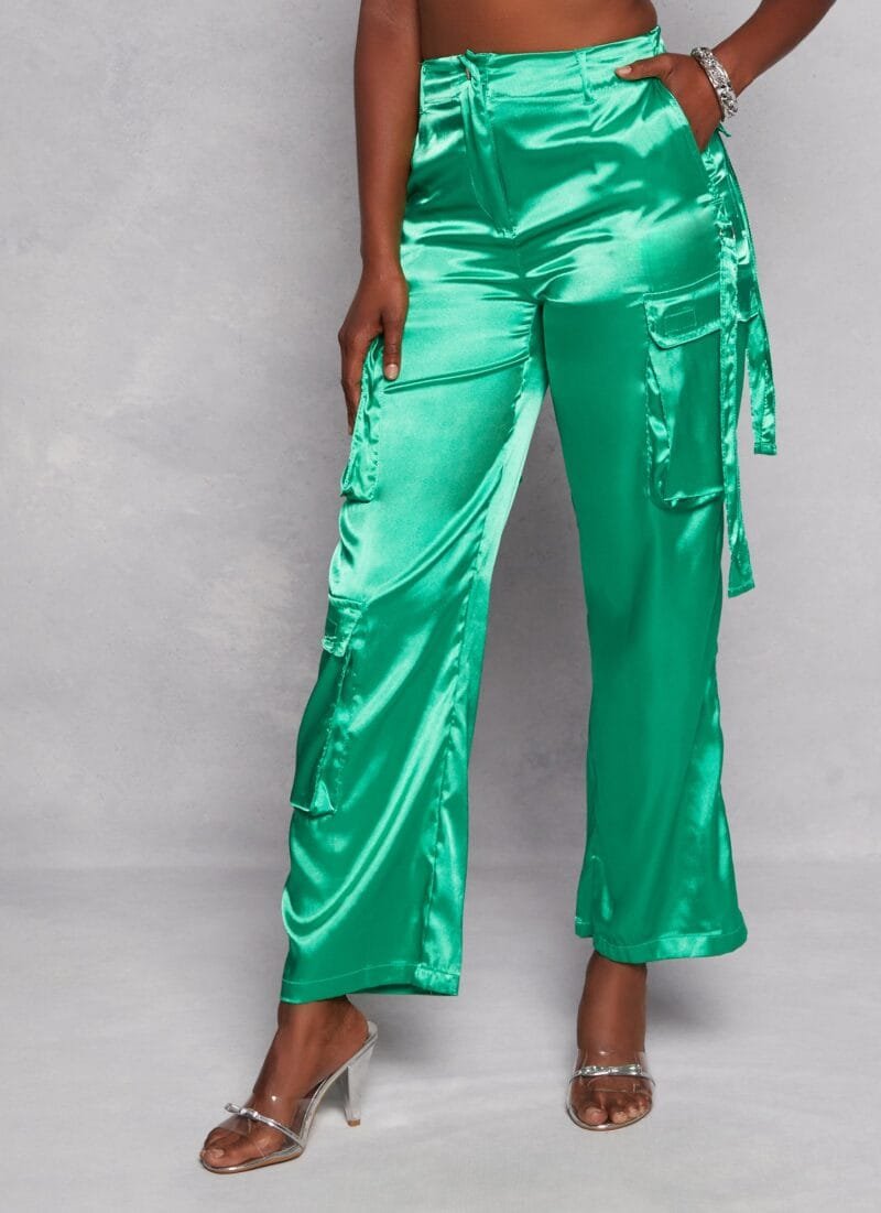 Love 83 Satin Cargo Pants with Straps and Pockets - Image 2