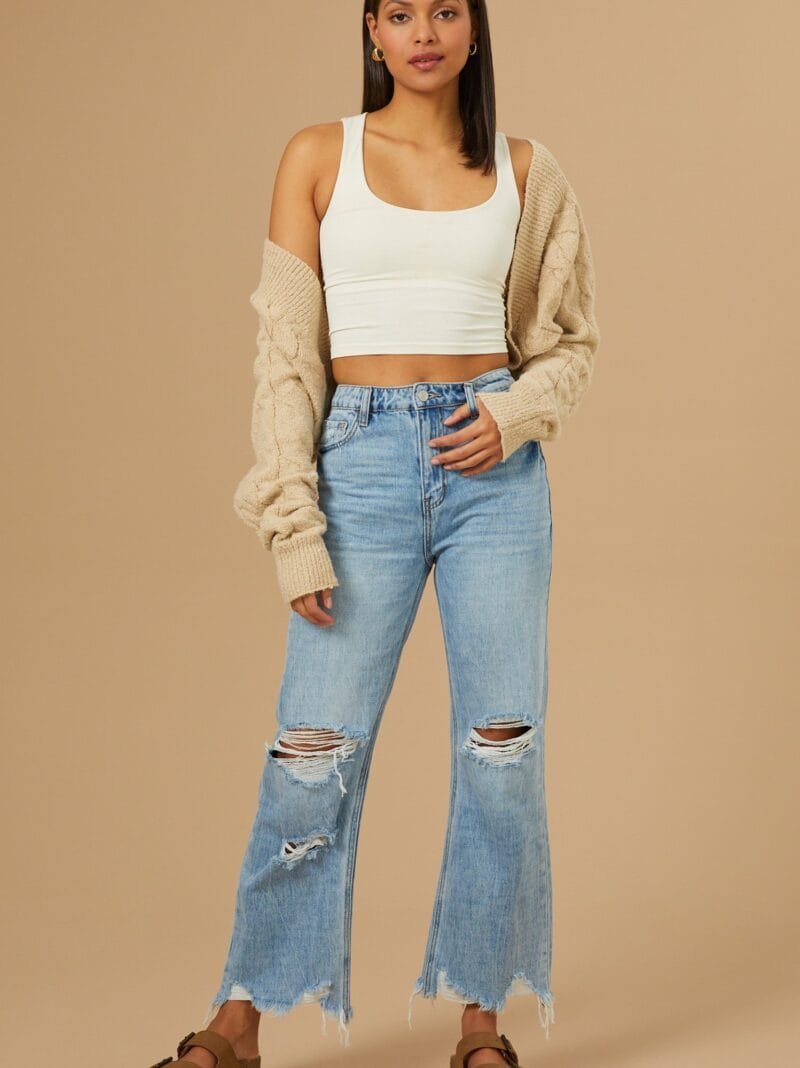 Stone Wash Distressed Wide Leg Jeans