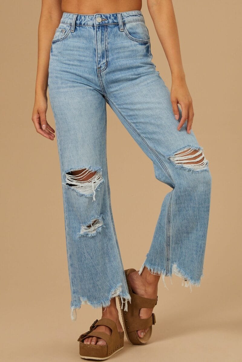 Stone Wash Distressed Wide Leg Jeans - Image 2