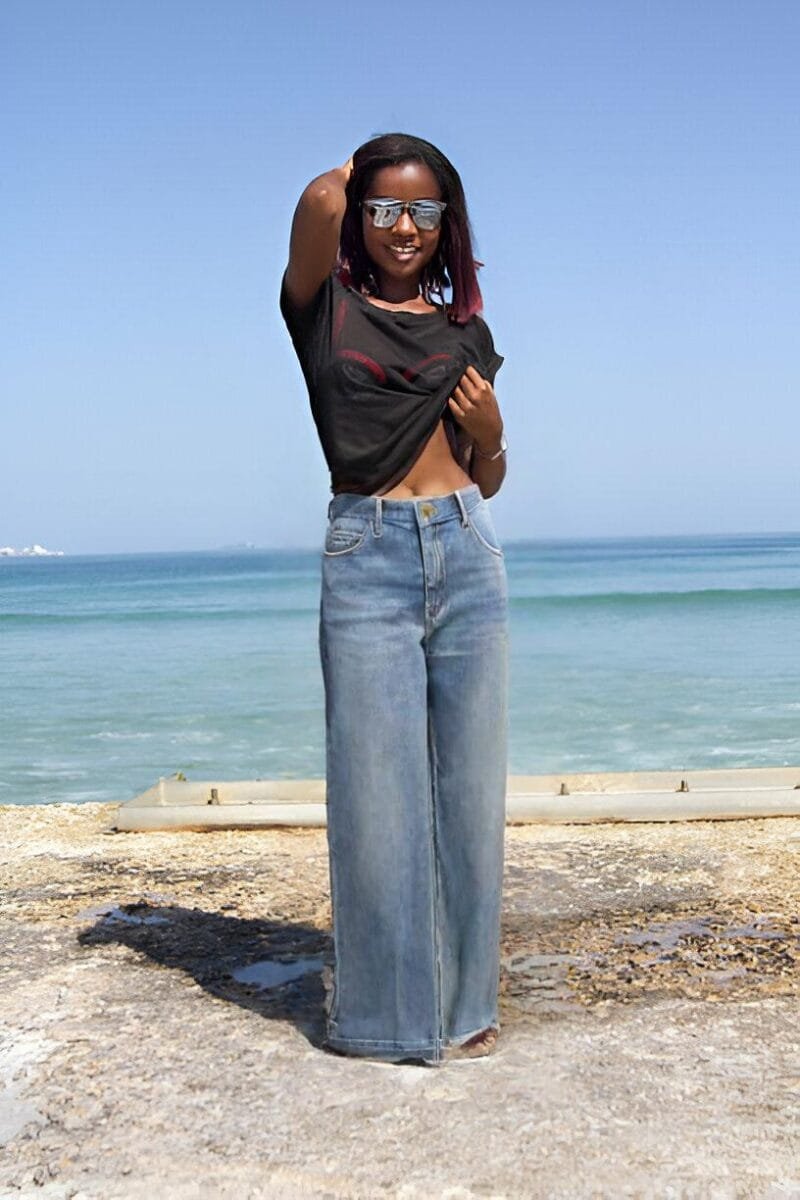 Stone Washed Wide Leg Jeans
