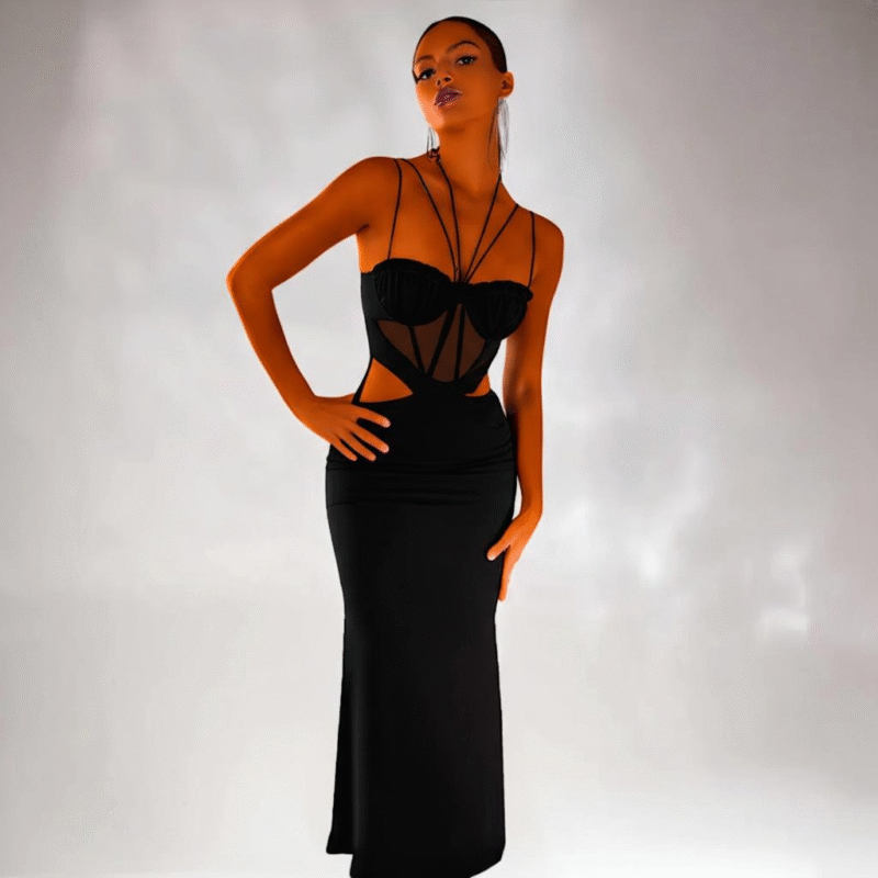 Black Criss-Cross Maxi Dress with Sheer Bust & Side Openings