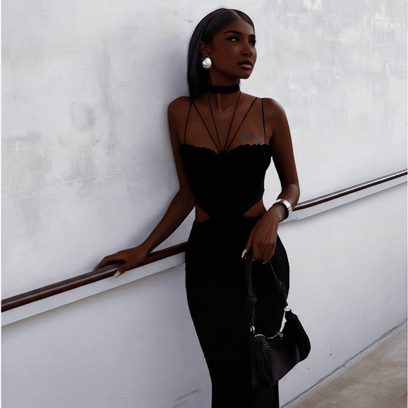 Black Criss-Cross Maxi Dress with Sheer Bust & Side Openings - Image 3