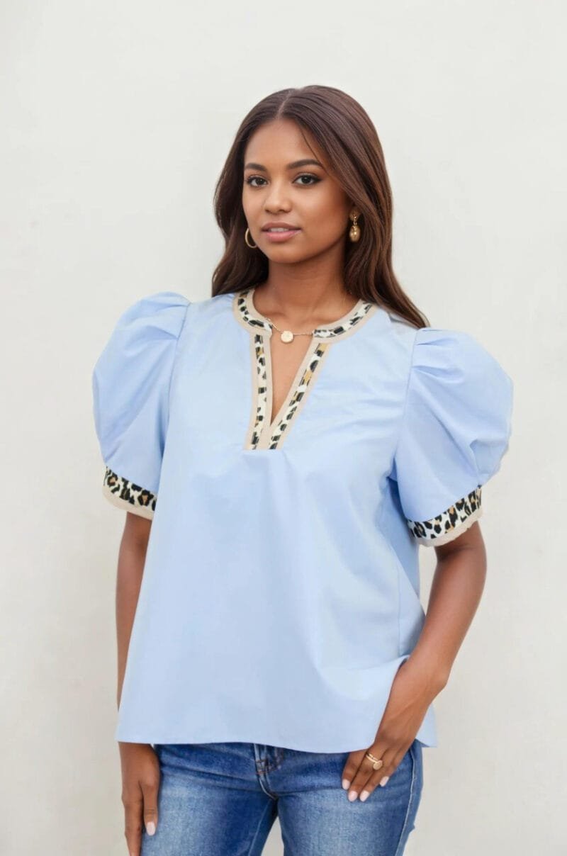 Puff Sleeve Blouse with Trim Detail