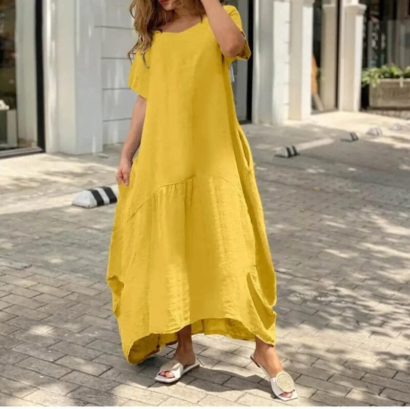Cotton Linen Maxi Dress – Short Sleeve, Crewneck, with Pockets
